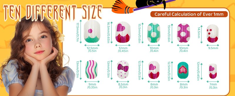 Chart displaying ten different colorful hair clip designs with size measurements for each style, arranged in a grid format.