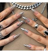 Medium Almond Press on Nails Silver Fake Nails French Tip False Nails Stiletto Acrylic Nails with...
