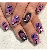 24 Pcs Halloween Press on Nails Short Square Nail Tips,YEFIUO Ombre Purple Fake Nails Press ons A...