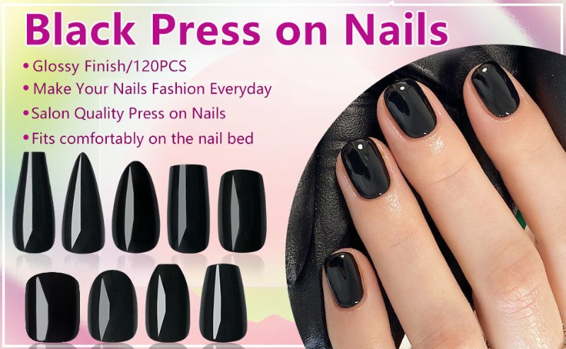 press on nails, black nails, black fake nails, black press on nails, press on nails black, nails