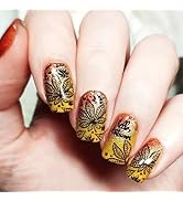 24Pcs Maple Leaf Press on Nails Fall Leaves Press ons Fingernail Thanksgiving Stick on Nail Gloss...