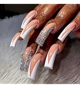 20Pcs Long Curved Press on Nails Thick Acrylic Fake Nails with Glue White French Tip False Nails ...