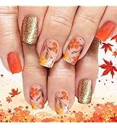 24Pcs Fall Leaves Press on Nails Sparkly Leaf Press ons Fingernail Autumn Flower Stick on Nail Gl...