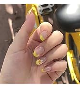 Yellow French Press on Nails with Flower Designs Short Oval Fake Nails Nude Glossy Acrylic Press ...