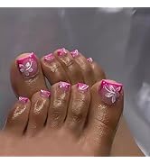 White Flower Press on Toenails Short Square French Tips Fake Toe Nails Nude Floral Designs False ...