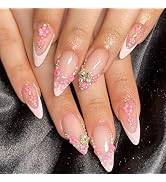 Almond Press on Nails Medium Fake Nails with 3D Bow Rhinestones Butterfly Designs White French Ti...