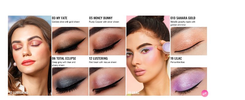 Eyeshadow palette showcase with six color swatches on eyelids, including shimmery gold, dark gray, rose gold, and purple shades.