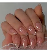 24pcs Nude Glitter Press-On Nails Medium Almond False Nails French Tip Glitter Design Nude Pink F...