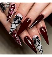 MISUD Press on Nails - Long Stiletto Fake Nails with Goth Red, Acrylic Gothic Black Bow Design 24...
