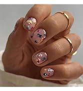Square Press on Nails Short Fake Nails with Flower Designs Glossy Glue on Nails Cute Acrylic Nail...