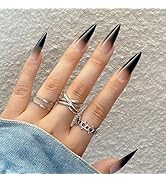Halloween Press on Nails Long Almond Fake Nails Stiletto Nails Press ons Glossy Glue on Nails Bla...