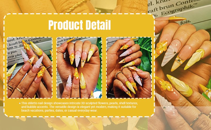 Handmade Press On Nails Stiletto, Pink Press On Nails Long, Flower 3D Nails Acrylic French Tip