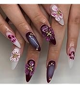 Medium Press on Nails Almond Fake Nails Flower False Nails with Peach Blossom Design Glue on Nail...