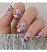 Purple Press on Nails Short Square Fake Nails with Flower Design False Nails Full Cover Glue on N...