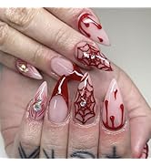 FOLONRAL Halloween Press on Nails Almond Medium Fake Nails with Red Blood & Spider Web Designs Fr...