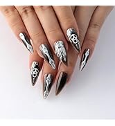 Mivota Halloween Press On Nails Almond Medium, Gray Black Fake Nails with 3D Silver and White Ske...