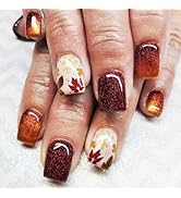 24Pcs Thanksgiving Press ons Fingernails Maple Leaf Press on Nails Glossy Red Gradient Short Squa...