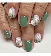 24pcs Light Green Flower Press On Nails Short Square Flower Fake Nails Spring Summer Green Cute D...