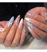 Almond Press on Nails Medium Fake Nails French Tip False Nails with Design Flower Butterfly Stick...