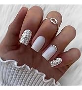 Square White Press on Nails Medium Fake Nails with Silver Sequin Design Rhinestone False Nails Gl...