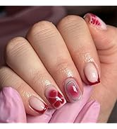Short Square Press on Nails with Red Flower Designs Of Silver Lines Fake Nails Nude Acrylic Press...