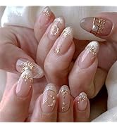 Silver Glitter French Press On Nails 24pcs, Nude Almond False Nails with Gold Moon Star Design an...