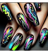 Neon Press on Nails Esports Acrylic Full Cover Fake Nails 24Pcs Glossy Colorful Medium Coffin Fal...
