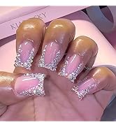 Pink Press on Nails Medium Square Fake Nails with Rhinestones Designs Glitter French Tip Nails Pr...