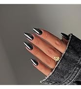 Black Chrome Press on Nails Medium Almond Nails Press ons Metallic Nails Glue on, Acrylic Nails F...