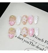 10Pcs Handmade Flower Press on Nails Short Almond Fake Nails with 3D Shell Pearl Starfish Design ...