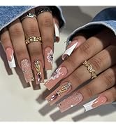 Long Coffin Press on Nails Pink Fake Nails French Tip False Nails with Flower Design Acrylic Nail...