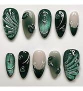 24Pcs Ombre Green Almond Press on Nails French Tip Fake Nails with 3D Water Ripple Green Leaf Des...