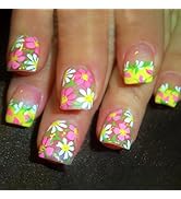 Short Square Press on Nails Yellow French Fake Nails with Pink Flower Pattern Design Summer False...