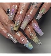 Press on Nails Long Square Fake Nails French False Nails with Y2k Butterfly Design Glossy Glue on...