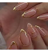 24Pcs Fall Press on Nails Almond Medium Fake Nails French Tip False Nails with Golden Star Design...