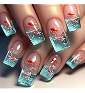 24Pcs Summer Ocean Press on Nails Long Square Fake Nails Press ons Acrylic Artificial False Nails...