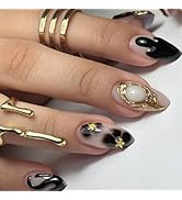 Press on Nails Medium Length Almond False Nails 3D Gold French False Nails Stars Design Coffin Na...