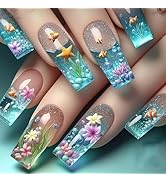 24Pcs Blue Coffin Press on Nails Long Fake Nails Summer Reusable False Nails Kit Cute Fish Starfi...