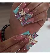 MISUD Press on Nails - Long Square Fake Nails with Blue Purple, Acrylic Butterfly Flower Design 2...