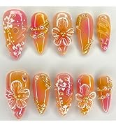 24Pcs Flower Press on Nails Medium Almond Handmade Fake Nails with 3D Pearl Charms Design Orange ...