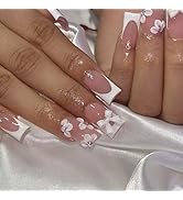 White French Tip Press on Nails Medium Square Fake Nails with Bow Rhinestone Charm Flower Pattern...