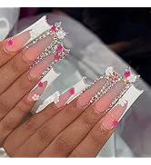 White French Tip Press on Nails Long Square Fake Nails with Pink Flower Rhinestone Charm Glue on ...