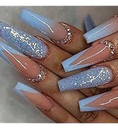 MISUD Long Coffin Press on Nails Ballerina Fake Nails Glossy Glue on Nails Blue French Tip Acryli...