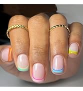 Pink Press on Nails Short Square Fake Nails Press ons Colorful French Tip False Nails with Rainbo...