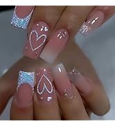 Square Press on Nails Medium Fake Nails French Tip False Nails with Heart Deign Glossy Glue on Na...