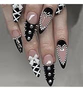 Almond Press on Nails Medium Fake Nails Black French Tip Nails Press ons Glossy Glue on Nails Nud...