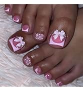 Press on Toenails Short Square Fake ToeNails with 3D Bow Pearl Designs Pink French Toe Nail Press...