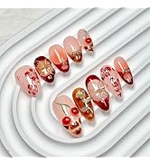 Almond Press on Nails Medium - Handmade Fake Nails with 3D Gold Flower Design - Winter Cherry Ful...