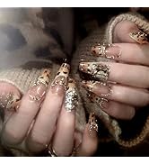 MISUD Press on Nails - Long Coffin Fake Nails with Fall Brown Cheetah, Acrylic Rhinestone Design ...