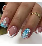 White V-Shaped French Press on Nails Short Square Fake Nails Pink Acrylic False Nails with Blue B...